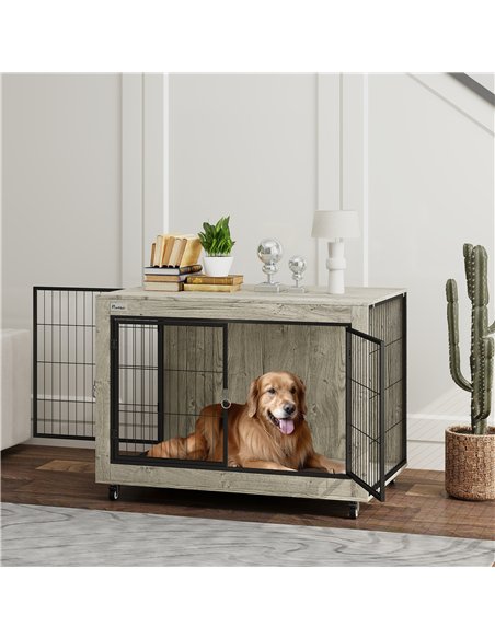 PawHut Dog Crate Furniture with Wheels, Double Doors, for Large Dogs, 100 x 60 x 73.5cm, Grey - pic 142563 | FastDaddyshop