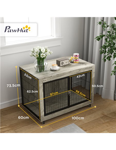 PawHut Dog Crate Furniture with Wheels, Double Doors, for Large Dogs, 100 x 60 x 73.5cm, Grey - pic 142564 | FastDaddyshop