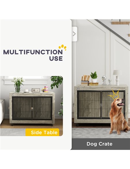 PawHut Dog Crate Furniture with Wheels, Double Doors, for Large Dogs, 100 x 60 x 73.5cm, Grey - pic 142565 | FastDaddyshop