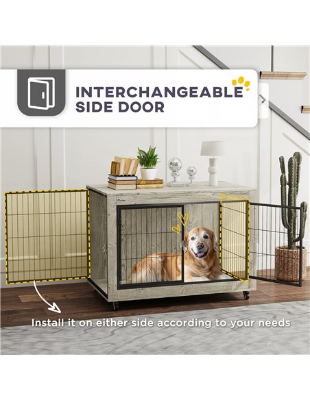 PawHut Dog Crate Furniture with Wheels, Double Doors, for Large Dogs, 100 x 60 x 73.5cm, Grey - pic 142566 | FastDaddyshop