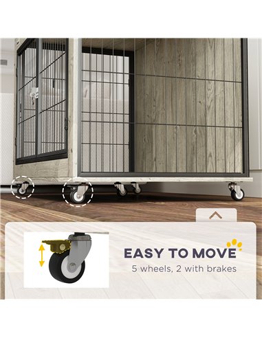 PawHut Dog Crate Furniture with Wheels, Double Doors, for Large Dogs, 100 x 60 x 73.5cm, Grey