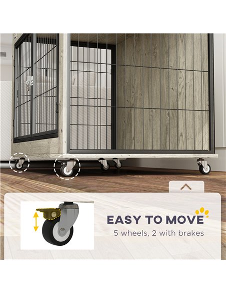 PawHut Dog Crate Furniture with Wheels, Double Doors, for Large Dogs, 100 x 60 x 73.5cm, Grey - pic 142567 | FastDaddyshop