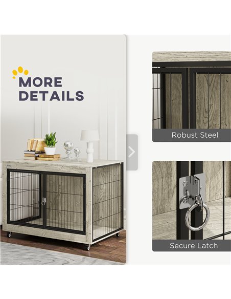 PawHut Dog Crate Furniture with Wheels, Double Doors, for Large Dogs, 100 x 60 x 73.5cm, Grey - pic 142568 | FastDaddyshop
