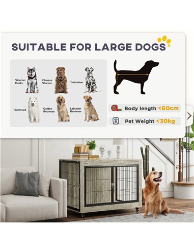 PawHut Dog Crate Furniture with Wheels, Double Doors, for Large Dogs, 100 x 60 x 73.5cm, Grey