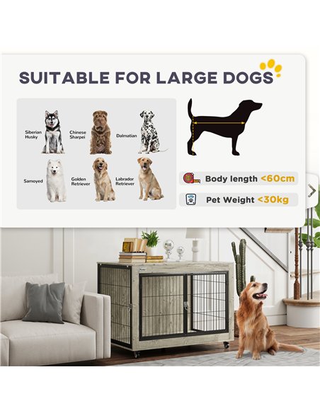 PawHut Dog Crate Furniture with Wheels, Double Doors, for Large Dogs, 100 x 60 x 73.5cm, Grey - pic 142569 | FastDaddyshop