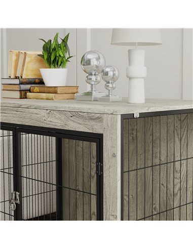PawHut Dog Crate Furniture with Wheels, Double Doors, for Large Dogs, 100 x 60 x 73.5cm, Grey