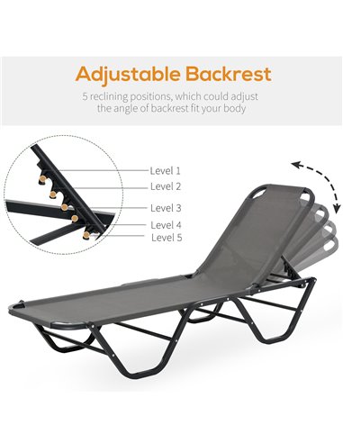 Outsunny Sun Lounger Relaxer Recliner with 5-Position Adjustable Backrest Lightweight Frame for Pool or Sun Bathing Grey