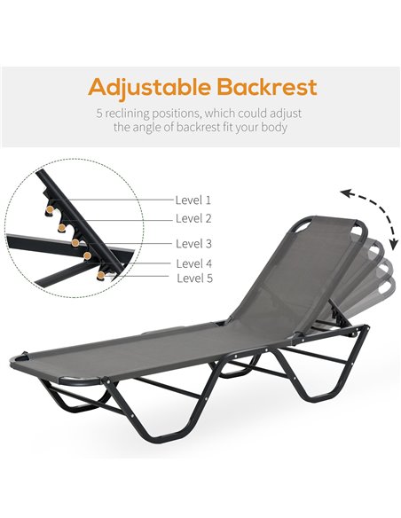 Outsunny Sun Lounger Relaxer Recliner with 5-Position Adjustable Backrest Lightweight Frame for Pool or Sun Bathing Grey - pic 14258 | FastDaddyshop