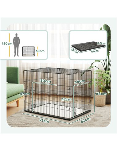 PawHut Foldable Dog Crate with 2 Doors with Tray, Soft Cushion, for Large Medium Dogs, 91 x 62 x 68, Black