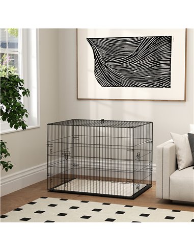 PawHut Foldable Dog Crate with 2 Doors with Tray, Soft Cushion, for Large Medium Dogs, 91 x 62 x 68, Black