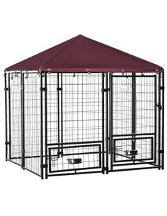 PawHut Outdoor Dog Kennel with Rotating Bowl Holders, Water and UV-Resistant Cover for Medium & Small Dogs, Red