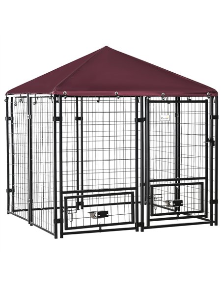 PawHut Outdoor Dog Kennel with Rotating Bowl Holders, Water and UV-Resistant Cover for Medium & Small Dogs, Red - pic 142589 | FastDaddyshop