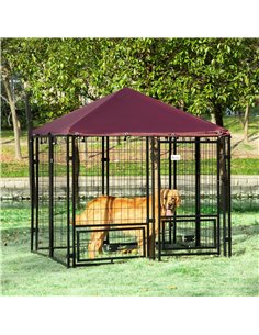 PawHut Outdoor Dog Kennel with Rotating Bowl Holders, Water and UV-Resistant Cover for Medium & Small Dogs, Red 2