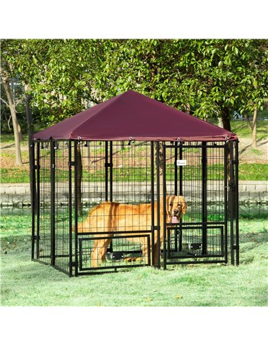 PawHut Outdoor Dog Kennel with Rotating Bowl Holders, Water and UV-Resistant Cover for Medium & Small Dogs, Red
