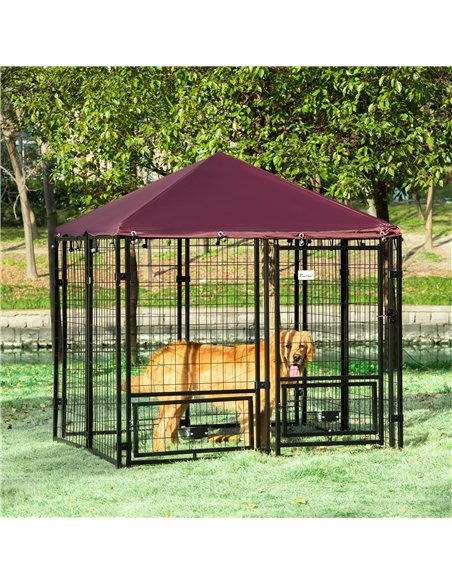 PawHut Outdoor Dog Kennel with Rotating Bowl Holders, Water and UV-Resistant Cover for Medium & Small Dogs, Red - pic 142590 | FastDaddyshop
