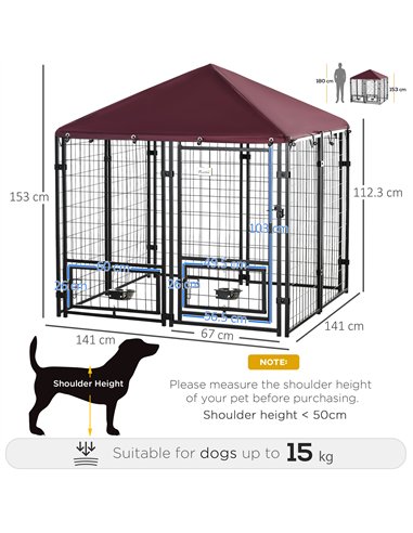 PawHut Outdoor Dog Kennel with Rotating Bowl Holders, Water and UV-Resistant Cover for Medium & Small Dogs, Red