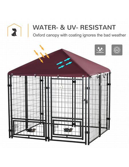 PawHut Outdoor Dog Kennel with Rotating Bowl Holders, Water and UV-Resistant Cover for Medium & Small Dogs, Red - pic 142592 | FastDaddyshop