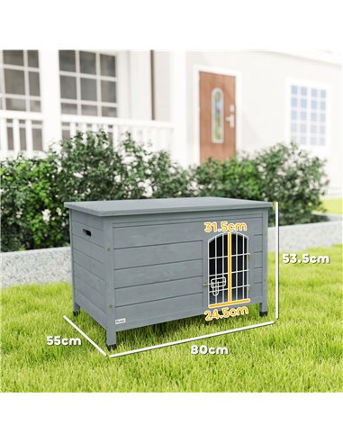 PawHut Wooden Dog House with Removable Bottom, Wire Door, Openable Top, Pet Shelter for Small Dog, 80 x 55 x 53.5cm, Dark Grey