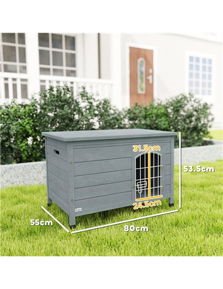 PawHut Wooden Dog House with Removable Bottom, Wire Door, Openable Top, Pet Shelter for Small Dog, 80 x 55 x 53.5cm, Dark Grey - pic 142645 | FastDaddyshop