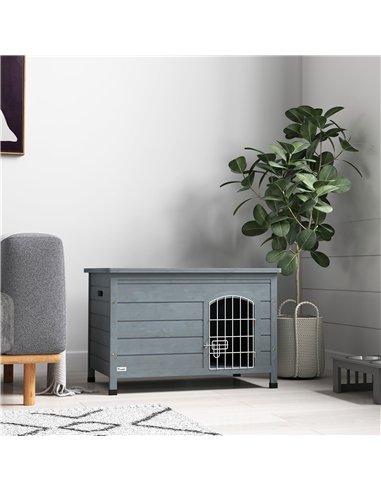 PawHut Wooden Dog House with Removable Bottom, Wire Door, Openable Top, Pet Shelter for Small Dog, 80 x 55 x 53.5cm, Dark Grey