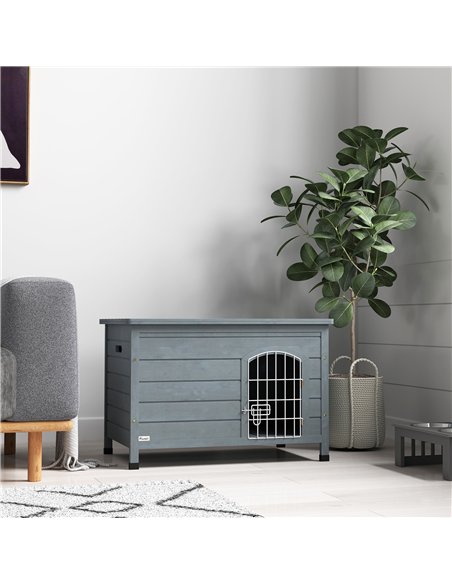 PawHut Wooden Dog House with Removable Bottom, Wire Door, Openable Top, Pet Shelter for Small Dog, 80 x 55 x 53.5cm, Dark Grey - pic 142651 | FastDaddyshop