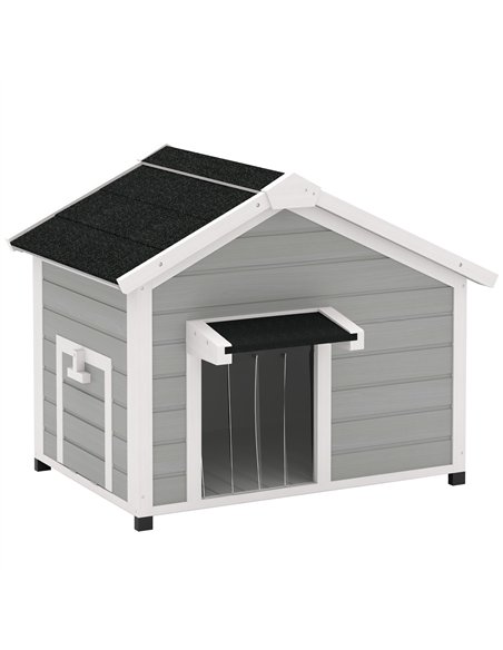 PawHut Wooden Dog House Outdoor with Openable Roof, Removable Floor, Curtain, Elevated Feet, for Medium Dogs, Light Grey - pic 142670 | FastDaddyshop