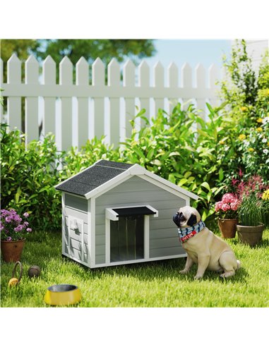 PawHut Wooden Dog House Outdoor with Openable Roof, Removable Floor, Curtain, Elevated Feet, for Medium Dogs, Light Grey