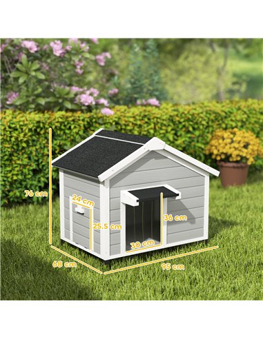 PawHut Wooden Dog House Outdoor with Openable Roof, Removable Floor, Curtain, Elevated Feet, for Medium Dogs, Light Grey