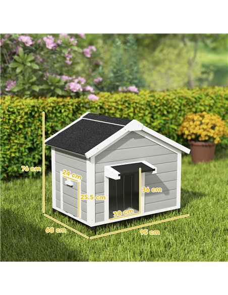 PawHut Wooden Dog House Outdoor with Openable Roof, Removable Floor, Curtain, Elevated Feet, for Medium Dogs, Light Grey - pic 142672 | FastDaddyshop