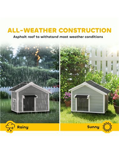 PawHut Wooden Dog House Outdoor with Openable Roof, Removable Floor, Curtain, Elevated Feet, for Medium Dogs, Light Grey