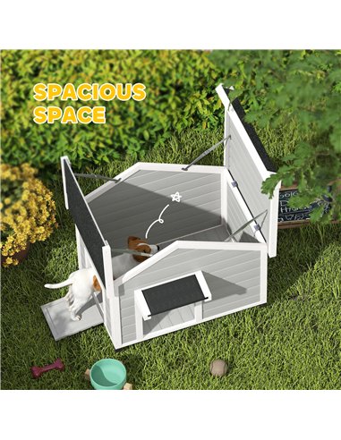 PawHut Wooden Dog House Outdoor with Openable Roof, Removable Floor, Curtain, Elevated Feet, for Medium Dogs, Light Grey