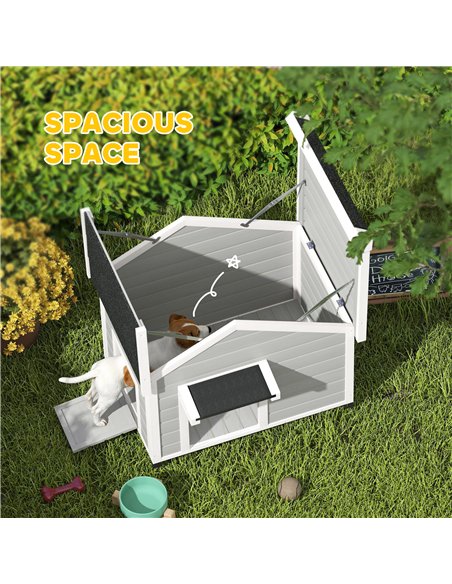 PawHut Wooden Dog House Outdoor with Openable Roof, Removable Floor, Curtain, Elevated Feet, for Medium Dogs, Light Grey - pic 142674 | FastDaddyshop