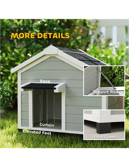 PawHut Wooden Dog House Outdoor with Openable Roof, Removable Floor, Curtain, Elevated Feet, for Medium Dogs, Light Grey - pic 142676 | FastDaddyshop
