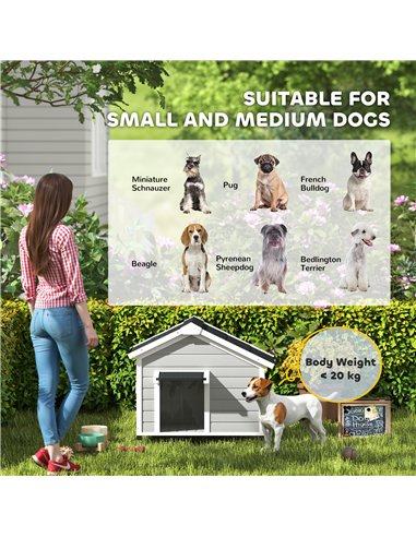 PawHut Wooden Dog House Outdoor with Openable Roof, Removable Floor, Curtain, Elevated Feet, for Medium Dogs, Light Grey