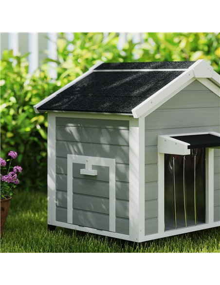 PawHut Wooden Dog House Outdoor with Openable Roof, Removable Floor, Curtain, Elevated Feet, for Medium Dogs, Light Grey - pic 142678 | FastDaddyshop