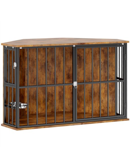 PawHut Corner Dog Crate Furniture with 2 Bowls, Lockable Doors, for Small Medium Dogs, Rustic Brown - pic 142688 | FastDaddyshop
