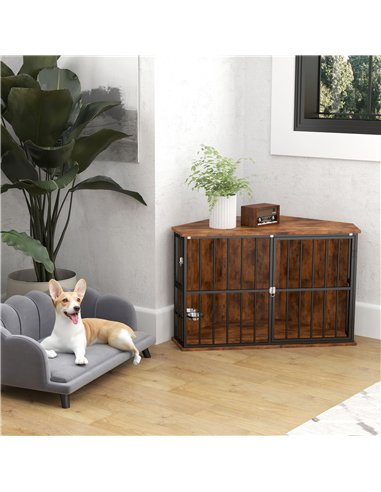 PawHut Corner Dog Crate Furniture with 2 Bowls, Lockable Doors, for Small Medium Dogs, Rustic Brown