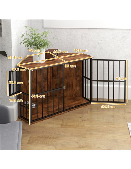 PawHut Corner Dog Crate Furniture with 2 Bowls, Lockable Doors, for Small Medium Dogs, Rustic Brown - pic 142690 | FastDaddyshop