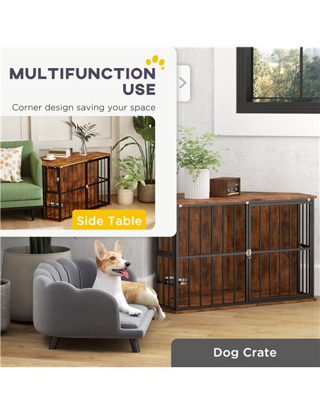 PawHut Corner Dog Crate Furniture with 2 Bowls, Lockable Doors, for Small Medium Dogs, Rustic Brown - pic 142691 | FastDaddyshop