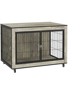 PawHut Dog Crate Furniture with Wheels, Double Doors, for Medium Dogs, 80 x 56 x 62.5cm, Grey