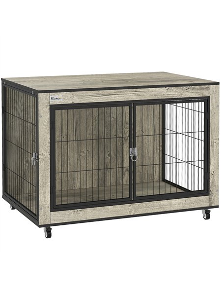 PawHut Dog Crate Furniture with Wheels, Double Doors, for Medium Dogs, 80 x 56 x 62.5cm, Grey - pic 142706 | FastDaddyshop