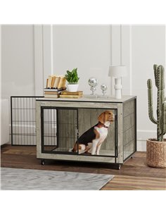 PawHut Dog Crate Furniture with Wheels, Double Doors, for Medium Dogs, 80 x 56 x 62.5cm, Grey 2