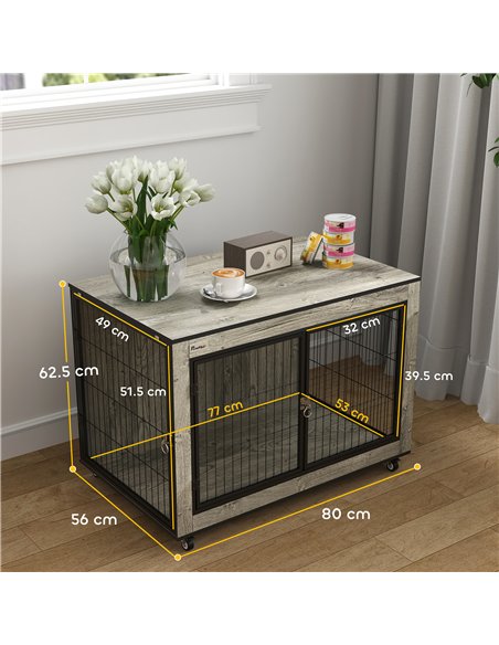 PawHut Dog Crate Furniture with Wheels, Double Doors, for Medium Dogs, 80 x 56 x 62.5cm, Grey - pic 142708 | FastDaddyshop