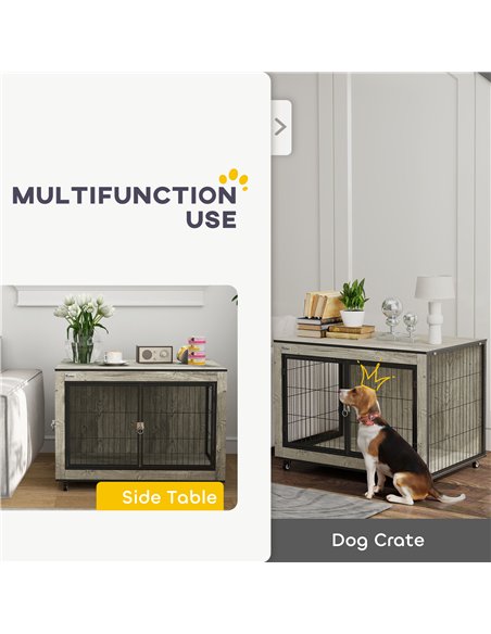 PawHut Dog Crate Furniture with Wheels, Double Doors, for Medium Dogs, 80 x 56 x 62.5cm, Grey - pic 142709 | FastDaddyshop