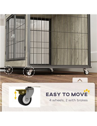 PawHut Dog Crate Furniture with Wheels, Double Doors, for Medium Dogs, 80 x 56 x 62.5cm, Grey
