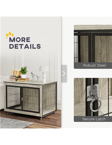 PawHut Dog Crate Furniture with Wheels, Double Doors, for Medium Dogs, 80 x 56 x 62.5cm, Grey