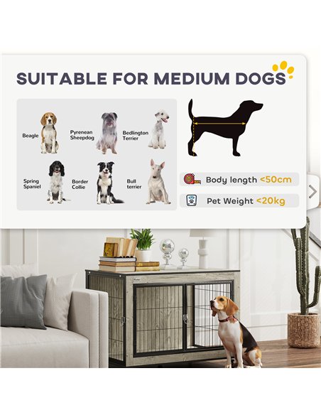 PawHut Dog Crate Furniture with Wheels, Double Doors, for Medium Dogs, 80 x 56 x 62.5cm, Grey - pic 142713 | FastDaddyshop