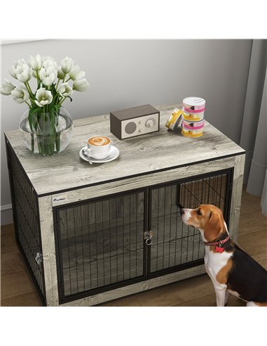 PawHut Dog Crate Furniture with Wheels, Double Doors, for Medium Dogs, 80 x 56 x 62.5cm, Grey
