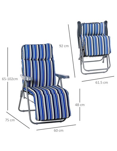 Outsunny Set of 2 Garden Sun Lounger Outdoor Reclining Seat Cushioned Seat Foldable Adjustable Recliner Blue and White