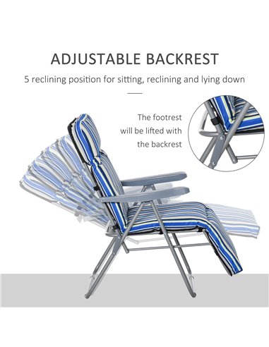 Outsunny Set of 2 Garden Sun Lounger Outdoor Reclining Seat Cushioned Seat Foldable Adjustable Recliner Blue and White